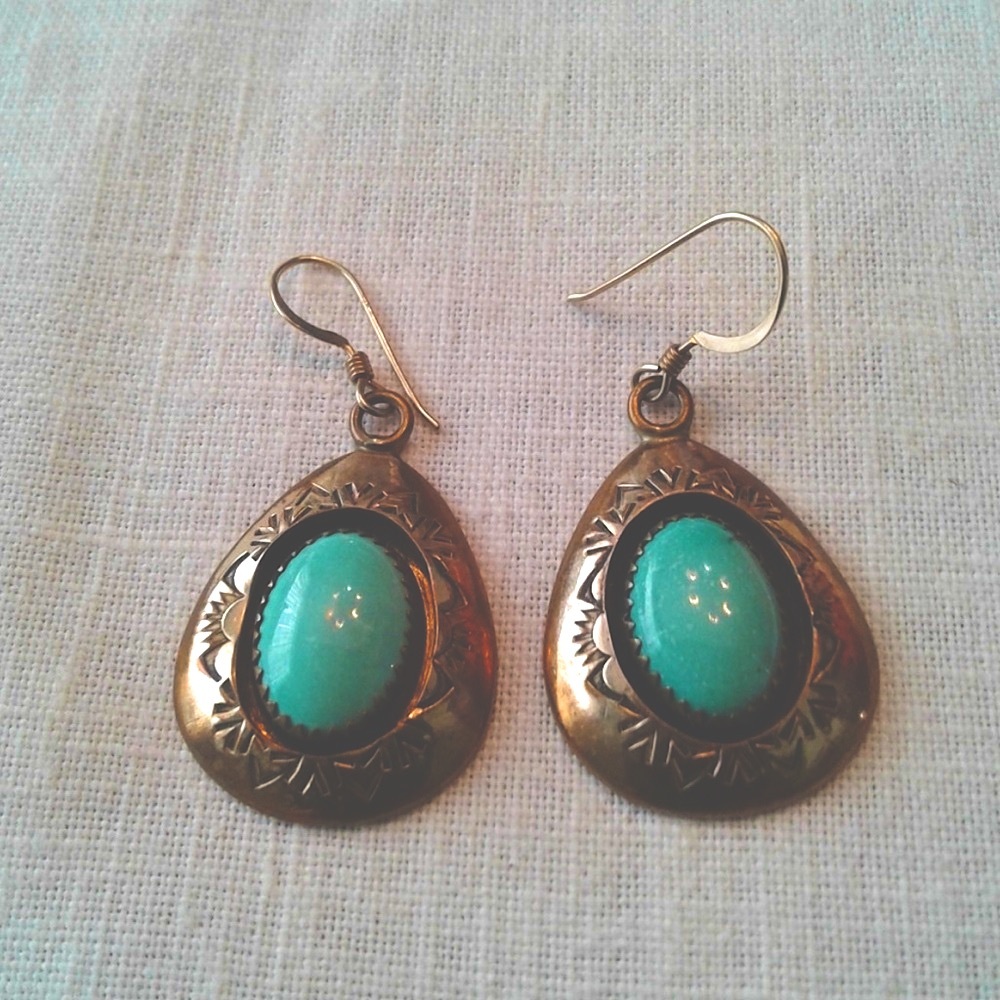 Native American Teddy Goodluck Navajo Vintage Turquoise 12 Kt Gold Earrings - Picture 4 of 10